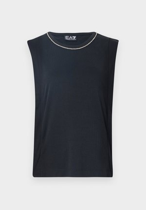 Top negro sin mangas con escote redondo adornado con un ribete plateado. Hecho de tela suave, con un ajuste holgado y sin adornos adicionales.