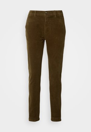 Corduroy broek in donkergroen olijf, met een rechte pasvorm, voorzakken en een kleine metalen knoopsluiting. Zachte textuur, ribbelontwerp.