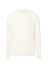 Einfache, cremefarbene Langarm-Crewneck-Sweatshirt mit gerippten Bündchen und dezentem Markenlogo auf der linken Brust.