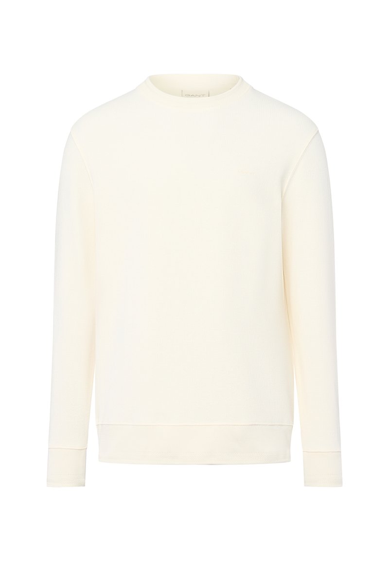 Einfache, cremefarbene Langarm-Crewneck-Sweatshirt mit gerippten Bündchen und dezentem Markenlogo auf der linken Brust.