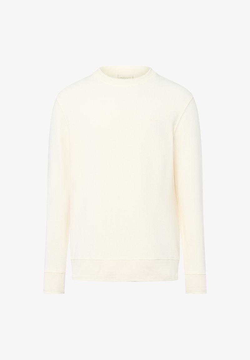 Einfache, cremefarbene Langarm-Crewneck-Sweatshirt mit gerippten Bündchen und dezentem Markenlogo auf der linken Brust.