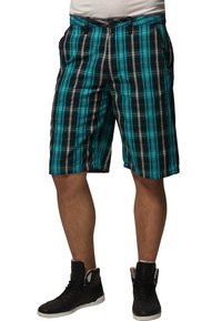 Pantaloncini a quadri neri e teal con vestibilità comoda, dotati di passanti per cintura, tasche laterali e lunghezza fino al ginocchio. Realizzati in tessuto leggero.