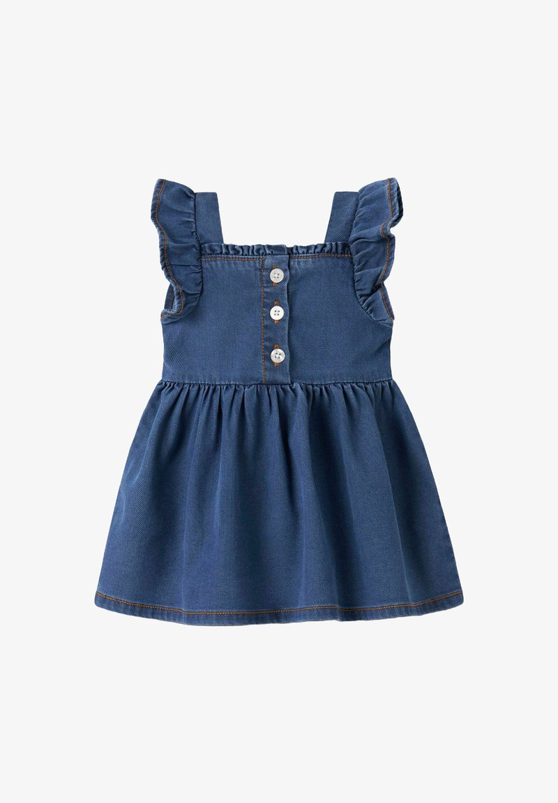 Denim obleka z nabranimi naramnicami, gumbi spredaj in razširjeno krilo. Temno modra barva z vidnimi šivi. Gladka tekstura.