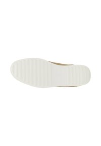 Zool van een sneaker gemaakt van rubber, met een gestructureerd witte oppervlakte en horizontale groeven, aangevuld met een bovenkant van tan stof.