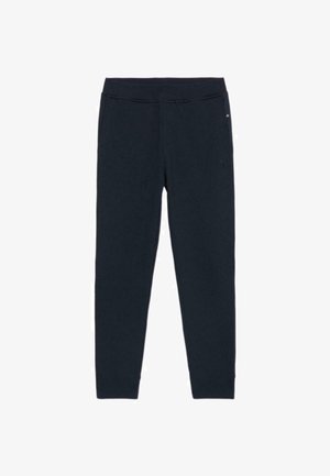 Granatowe joggery wykonane z miękkiego materiału, z bezszwowym pasem, dwoma bocznymi kieszeniami i zwężającym się krojem nogawek.