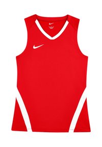 Rode atletische tanktop gemaakt van ademende stof. Heeft een v-hals, witte accenten aan de zijkanten en een klein logo op de borst.