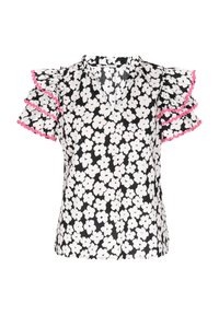 Sort blomsterbluse med hvide blomster, flæseærmer kantet med pink. Har en V-udskæring og en løs pasform for komfort.