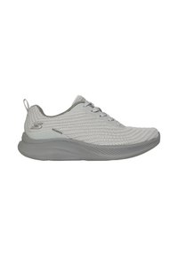 Hellgraue Skechers Sport-Sneaker mit Strickobermaterial, Schnürung, gepolsterter Sohle und Logo an der Ferse und Zunge.
