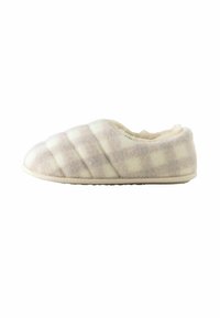 Light beige slippers with a checkered pattern, made of soft felt material. Slip-on design and cushioned lining for comfort. Rubber sole for traction.