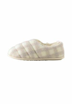Light beige slippers with a checkered pattern, made of soft felt material. Slip-on design and cushioned lining for comfort. Rubber sole for traction.