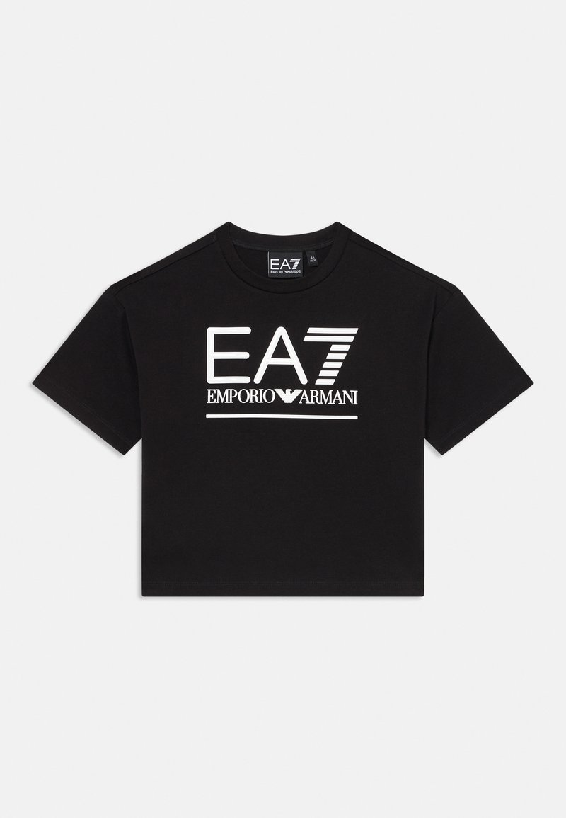 Črn skrajšan T-shirt iz bombaža, ki ima spredaj bel grafični logotip "EA7 EMPORIO ARMANI" in kratke rokave.