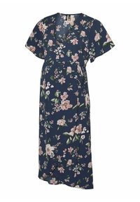 Robe portefeuille florale en tissu bleu marine avec des manches courtes. Présente des motifs de fleurs roses et blanches et un détail à nouer à la taille.