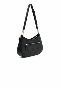 Borsa nera con materiale testurizzato, forma curva, tracolla regolabile, dettagli in oro e tasca frontale con cerniera. Motivo logo discreto.