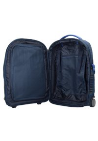 Valigia a rotelle blu navy con apertura con cerniera, tasca a rete e cinturini interni per fissare gli oggetti. Tessuto liscio e ruote resistenti.