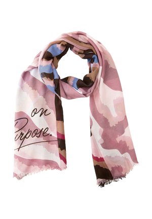 Leichter Schal mit rosa, braunen und blauen abstrakten Mustern und teilweise sichtbarem schwarzem Schriftzug "on Purpose".