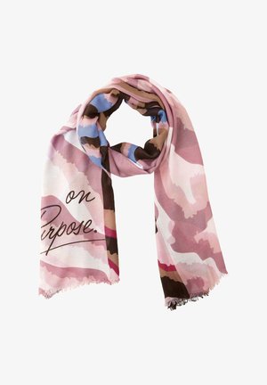 Lichte sjaal met roze, bruine, blauwe abstracte patronen en gedeeltelijk zichtbare zwarte tekst met de woorden "on Purpose."