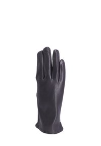 Guanto in pelle nera con una texture liscia, cinque dita e bordo del polsino cucito. Presenta un design aderente per una vestibilità sicura.