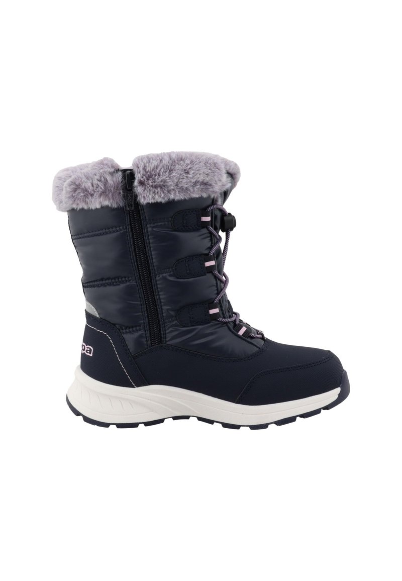 Marine Winterstiefel mit Kunstfellkragen, Reißverschluss und pinken Akzent-Schnürsenkeln. Strukturierte wasserdichte Oberseite und dicke weiße Sohle für Isolierung.
