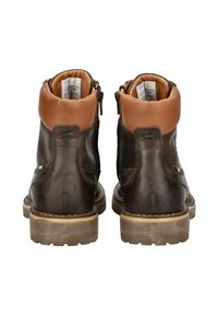 Brown leather boots with tan accents, featuring a zip closure, a rugged sole, and a cushioned collar for added comfort.