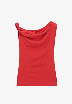 Rotes ärmelloses Oberteil mit schicker Ausschnitt, aus glattem Stoff. Es hat eine figurbetonte Silhouette und eine weiche Textur. Keine sichtbaren Muster oder Beschläge.