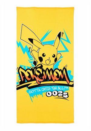 Bright yellow towel with Pikachu in the center, blue lightning bolts, bold Pokémon logo, “Gotta Catch ’Em All!” and number 0025 at the bottom.