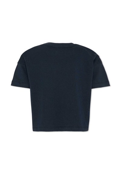 Top corto nero a maniche corte con scollo rotondo, mostrato da dietro su sfondo bianco.