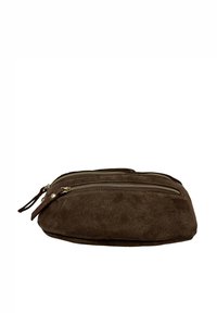 Borsetta in camoscio marrone con doppia cerniera, forma piatta, texture liscia e design minimalista. Presenta piccoli dettagli in metallo.