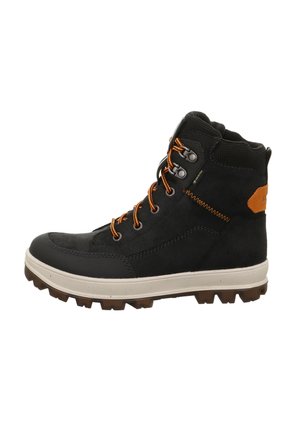 Zwarte wandelschoen met oranje veters, bovenkant van suede en mesh, gevoerd kraagje en een robuuste rubbere zool voor grip. Verhoogd met een bruine logolabel.