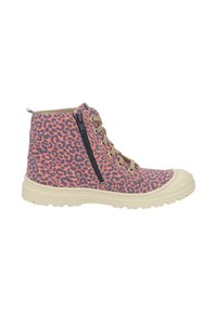 High-top boots featuring a pink and navy leopard print design, fabric material, a side zipper, and a light-colored rubber sole.