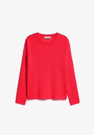 Rode gebreide trui met een ronde hals, lange mouwen, ribbeltextuur en zijsplitten aan de zoom voor extra stijl en comfort.