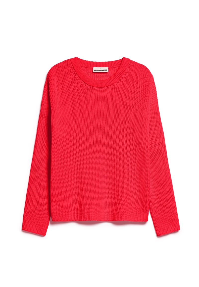 Czerwony sweter z dzianiny z okrągłym dekoltem, długimi rękawami, prążkowaną fakturą oraz bocznymi szwami u dołu, które dodają stylu i komfortu.