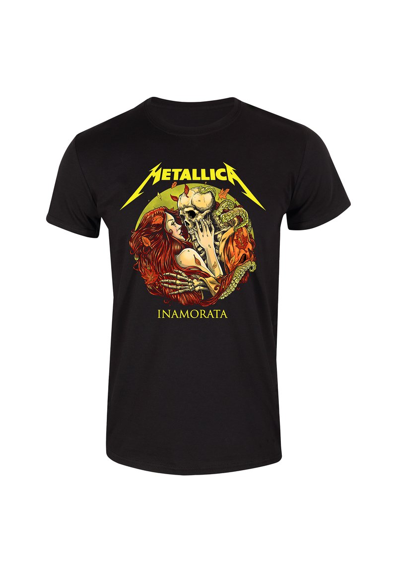 Černé tričko s krátkým rukávem, které zdobí barevná grafika ženy, lebky a hada. Na tričku je text "Metallica" a "Inamorata."