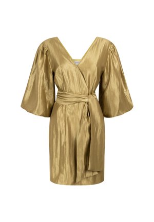 Gold satin wrap dress with a V-neck, puff sleeves, and a tied waist. The fabric has a smooth, shiny texture with a flowing design.