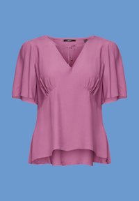 Blusa rosa con maniche corte a volant, scollatura a V e dettaglio arricciato sul busto. Tessuto morbido con una silhouette fluida.