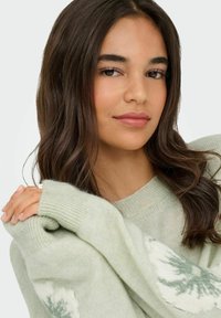 Pull léger vert avec un col et des poignets côtelés. Présente une texture douce et un motif subtil sur le thème de l'hiver à l'avant.