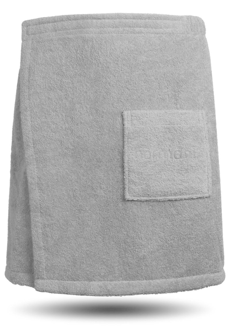Grauer Handtuchumhang aus weichem Material mit einer aufgesetzten Tasche auf der Vorderseite und sauberen Kanten, geeignet für die Zeit nach dem Baden oder für den Einsatz im Spa.