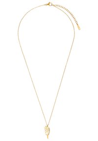 Goldene Halskette mit einem zarten, flügelartigen Anhänger, der mit klaren Edelsteinen verziert ist, an einer feinen Kette mit verstellbarer Länge.