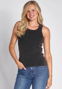 Black ribbed tank top with a crew neckline. The fabric has a smooth texture. Paired with blue denim jeans, showing a casual look.