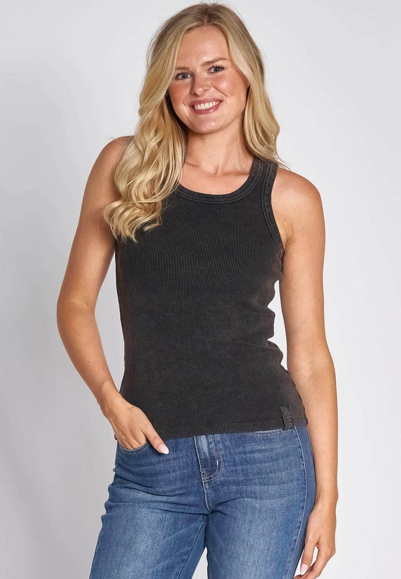 Black ribbed tank top with a crew neckline. The fabric has a smooth texture. Paired with blue denim jeans, showing a casual look.