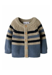 Gruba wełniana cardigan dla niemowląt w kolorze beżowym, granatowym i niebieskim, z poziomymi paskami i drewnianymi guzikami z przodu.