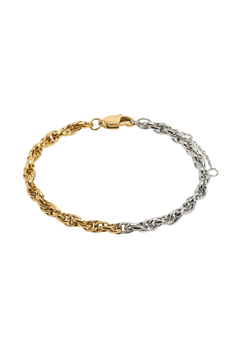 Bransoletka z łańcuszka ze skręconego złota i srebra z zapięciem typu karabińczyk. Charakteryzuje się naprzemiennymi ogniwami w tonacji złota i srebra, tworząc design z mieszanych metali.