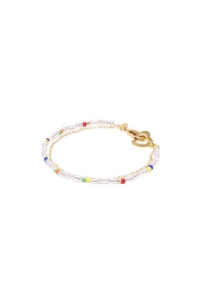 Delicate bracelet with small white pearls, colorful beads, and a thin gold chain, secured by a gold toggle clasp.