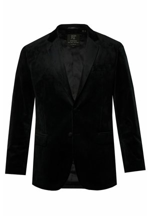 Blazer in velluto nero con chiusura a un bottone, revers a punte e tasca sul petto. Tessuto liscio e fodera interna simile alla seta.