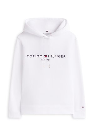 Witte hoodie gemaakt van zacht katoen, met een frontlogo "TOMMY HILFIGER" in marineblauw en rood, voorzien van een capuchon met trekkoord en geribbelde boorden.