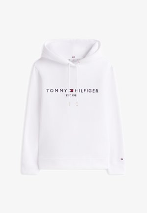 Fehér kapucnis pulóver puha pamutból, a mellrészen tengerészkék és piros "TOMMY HILFIGER" logóval, állítható kapucnis húzózsinórral és bordázott mandzsettákkal.
