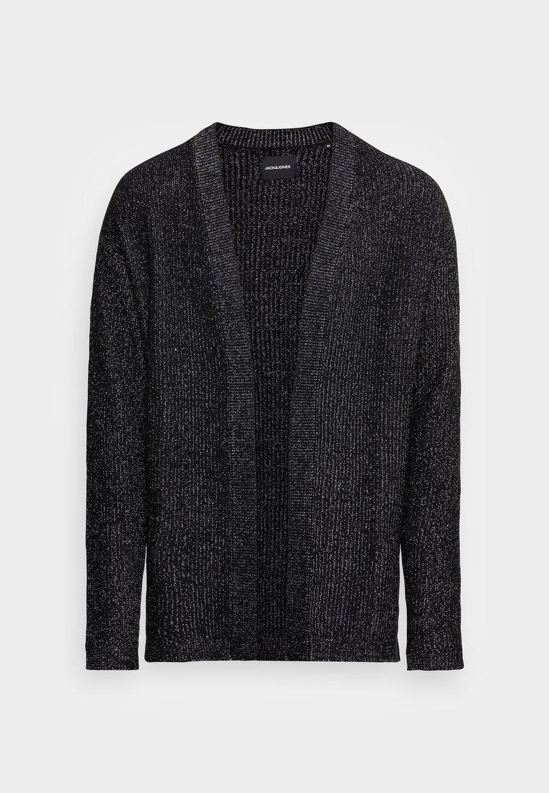 Black cardigan with a textured knit design, featuring an open front and long sleeves. The material has a subtle shimmer effect throughout.