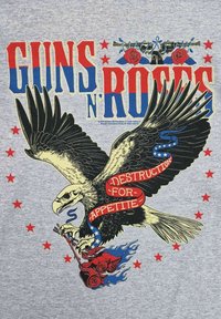 Šedé tričko se symbolem orla, který drží růže, s tučným červeným a modrým textem "GUNS N' ROSES" a stuhou s nápisem "DESTRUCTION FOR APPETITE."