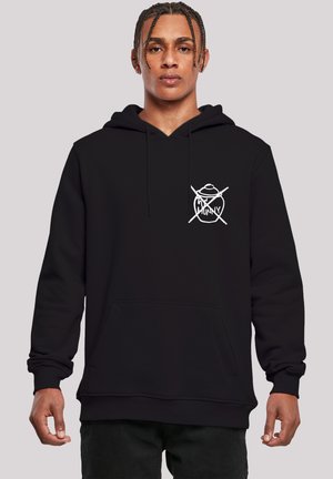 Black hoodie made of cotton blend, featuring a front pocket, drawstring hood, and a white graphic logo on the chest. Soft texture.