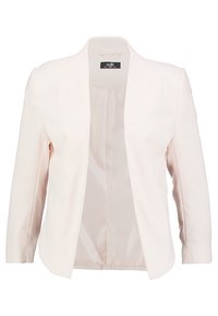 Jasnoróżowa marynarka wykonana z gładkiego materiału. Posiada kołnierz wiązany oraz otwarty przód. Długie rękawy i brak widocznych zapięć.