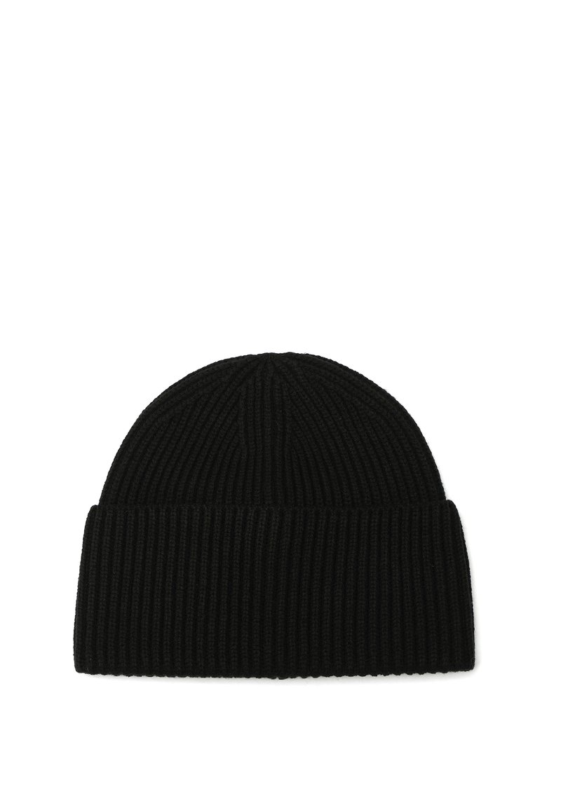 Gorro de punto negro con textura acanalada, que presenta un puño doblado y un diseño de parte superior redondeada. Hecho de un material suave y elástico.
